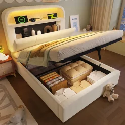Redom Lit 90x200 cm en velours beige avec tête de lit réglable et rangement hydropneumatique au design contemporain Outlet