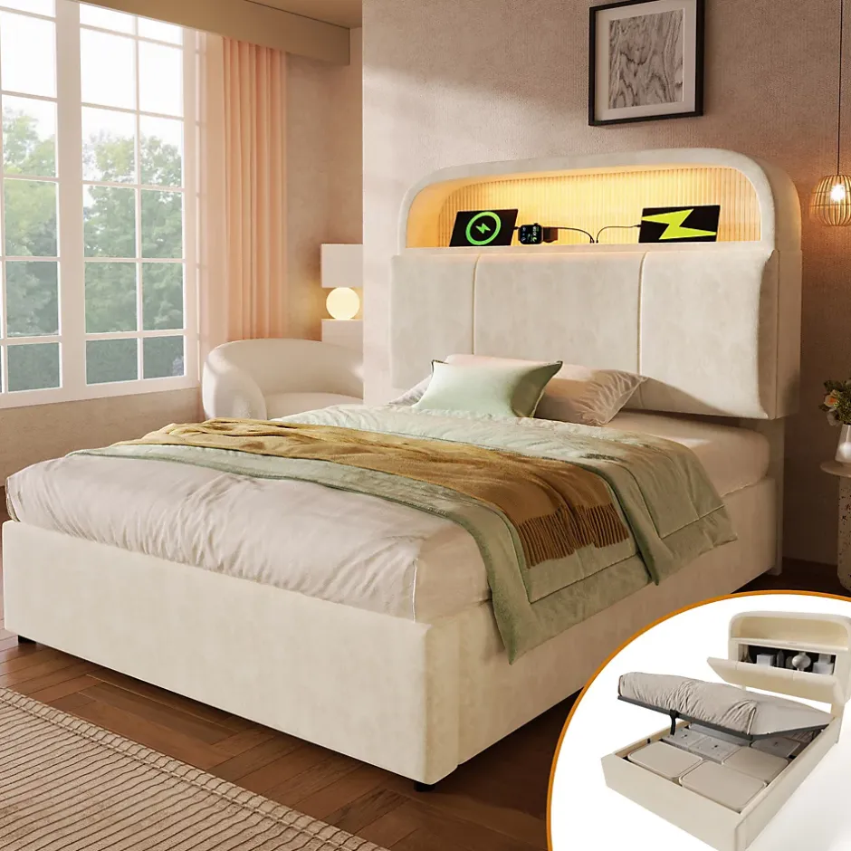 Redom Lit 90x200 cm en velours beige avec tête de lit réglable et rangement hydropneumatique au design contemporain Outlet