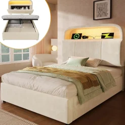 Redom Lit 90x200 cm en velours beige avec tête de lit réglable et rangement hydropneumatique au design contemporain Outlet