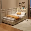 ProximaX Lit 90x200 cm en velours beige avec tiroirs, rangement tête et lit à gaz, LED, ports USB/Type-C, design moderne et confortable