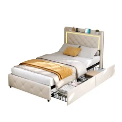 ProximaX Lit 90x200 cm en velours beige avec tiroirs, rangement tête et lit à gaz, LED, ports USB/Type-C, design moderne et confortable