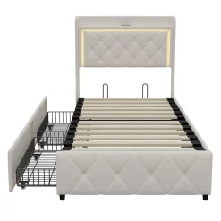 ProximaX Lit 90x200 cm en velours beige avec tiroirs, rangement tête et lit à gaz, LED, ports USB/Type-C, design moderne et confortable