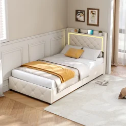 ProximaX Lit 90x200 cm en velours beige avec tiroirs, rangement tête et lit à gaz, LED, ports USB/Type-C, design moderne et confortable