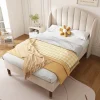 Redom Lit 90x200 cm en velours beige avec tête de lit matelassée et sommier à lattes bois, design contemporain