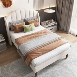 Redom Lit 90x200 cm en velours beige avec tête de lit matelassée et sommier à lattes bois, design contemporain