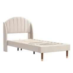 Redom Lit 90x200 cm en velours beige avec tête de lit matelassée et sommier à lattes bois, design contemporain