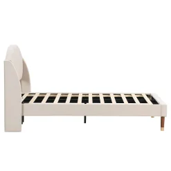 Redom Lit 90x200 cm en velours beige avec tête de lit matelassée et sommier à lattes bois, design contemporain