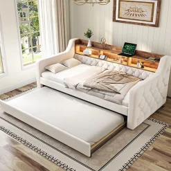Redom Lit 90x190 cm en velours beige avec rangement intégré, au design moderne et gain de place idéal pour studio