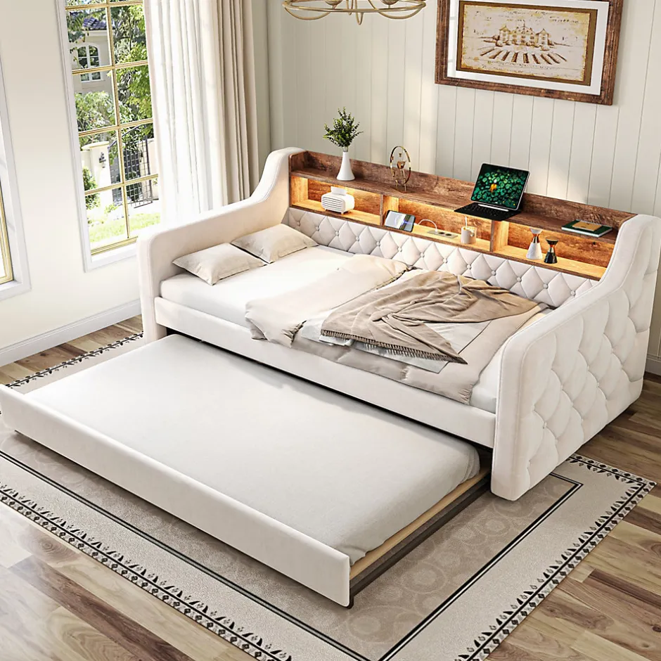 Redom Lit 90x190 cm en velours beige avec rangement intégré, au design moderne et gain de place idéal pour studio