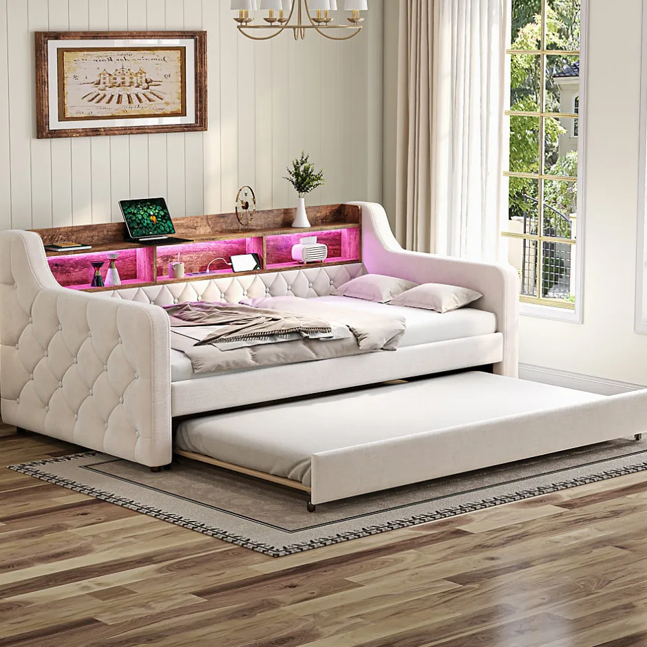 Redom Lit 90x190 cm en velours beige avec rangement intégré, au design moderne et gain de place idéal pour studio