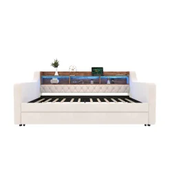 Redom Lit 90x190 cm en velours beige avec rangement intégré, au design moderne et gain de place idéal pour studio