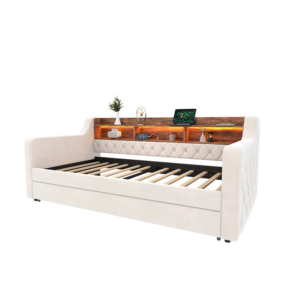 Redom Lit 90x190 cm en velours beige avec rangement intégré, au design moderne et gain de place idéal pour studio