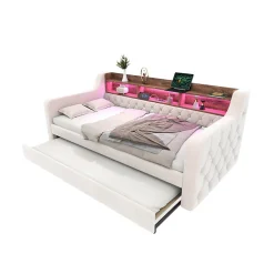 Redom Lit 90x190 cm en velours beige avec rangement intégré, au design moderne et gain de place idéal pour studio