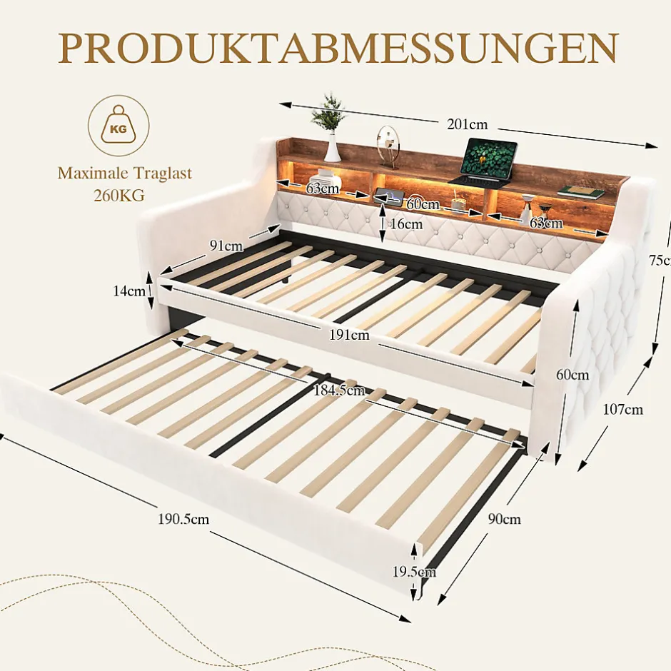 Redom Lit 90x190 cm en velours beige avec rangement intégré, au design moderne et gain de place idéal pour studio