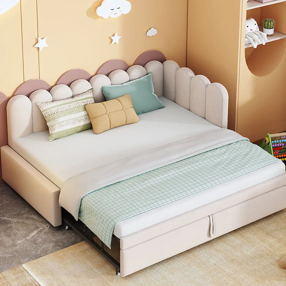 Redom Lit 90x200 cm en velours beige, convertible en 180x200 cm, forme en L avec dossier rembourré