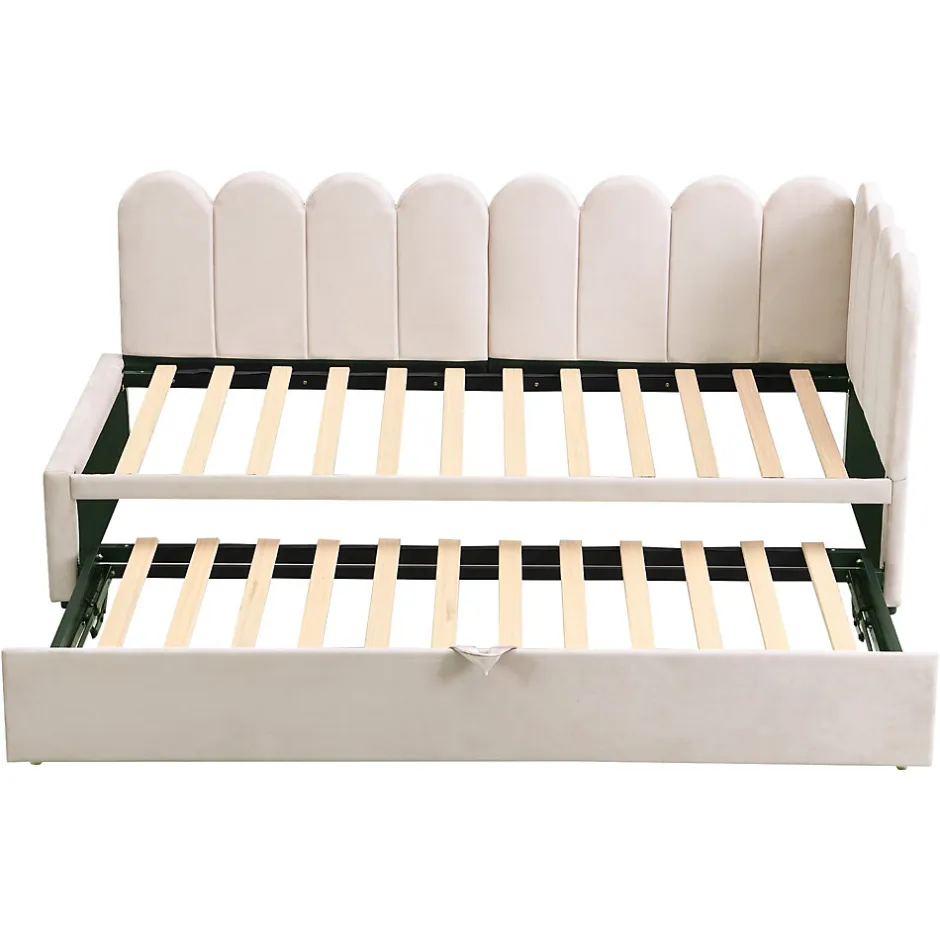 Redom Lit 90x200 cm en velours beige, convertible en 180x200 cm, forme en L avec dossier rembourré