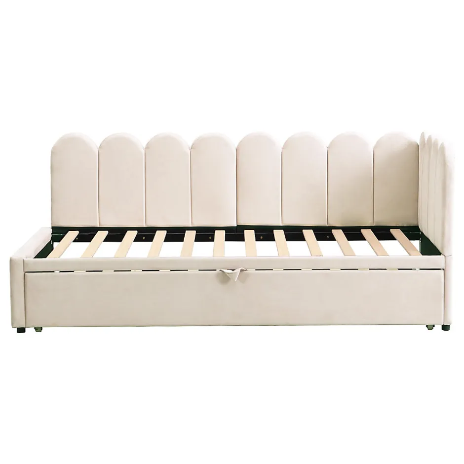 Redom Lit 90x200 cm en velours beige, convertible en 180x200 cm, forme en L avec dossier rembourré