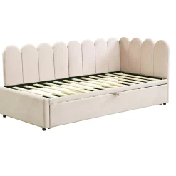 Redom Lit 90x200 cm en velours beige, convertible en 180x200 cm, forme en L avec dossier rembourré
