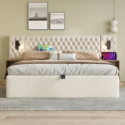 Redom Lit 180x200 cm en velours beige, tête de lit rembourrée et rangement hydraulique avec tables de chevet