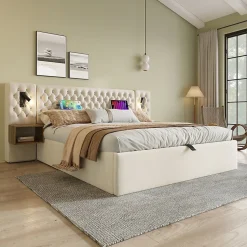 Redom Lit 180x200 cm en velours beige, tête de lit rembourrée et rangement hydraulique avec tables de chevet
