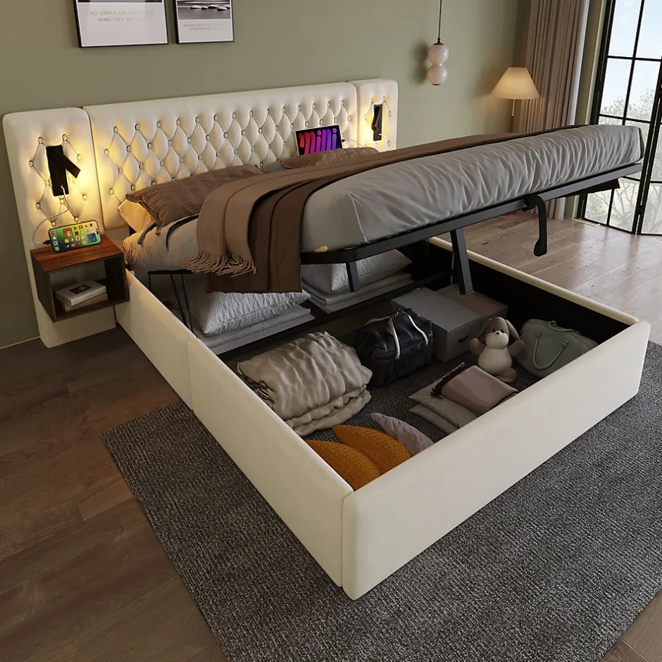 Redom Lit 180x200 cm en velours beige, tête de lit rembourrée et rangement hydraulique avec tables de chevet