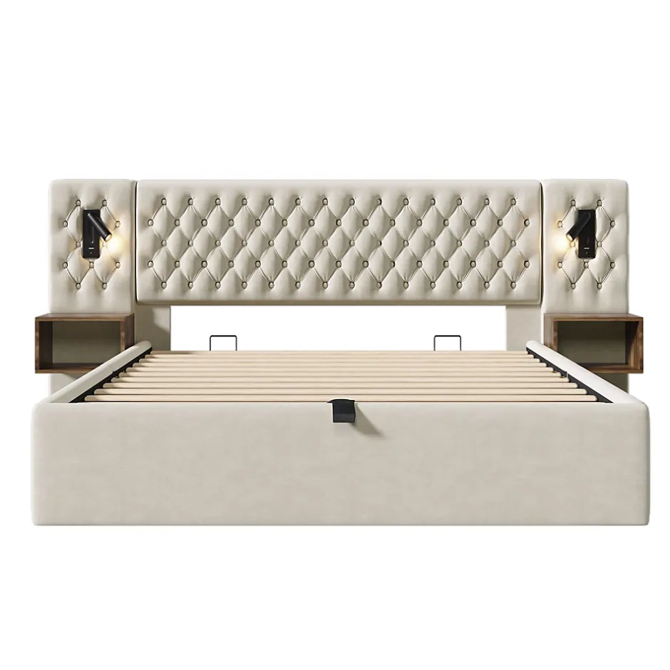 Redom Lit 180x200 cm en velours beige, tête de lit rembourrée et rangement hydraulique avec tables de chevet