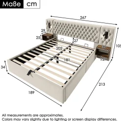 Redom Lit 180x200 cm en velours beige, tête de lit rembourrée et rangement hydraulique avec tables de chevet