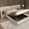 Redom Lit 160x200 cm en velours beige avec rangement hydraulique, 2 tables de chevet et prises USB Sale
