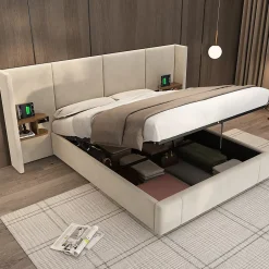 Redom Lit 160x200 cm en velours beige avec rangement hydraulique, 2 tables de chevet et prises USB Sale
