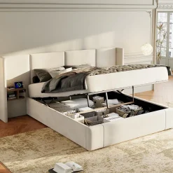 Redom Lit 160x200 cm en velours beige avec rangement hydraulique, 2 tables de chevet et prises USB Sale