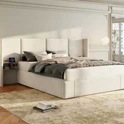 Redom Lit 160x200 cm en velours beige avec rangement hydraulique, 2 tables de chevet et prises USB Sale