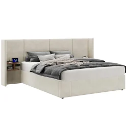 Redom Lit 160x200 cm en velours beige avec rangement hydraulique, 2 tables de chevet et prises USB Sale