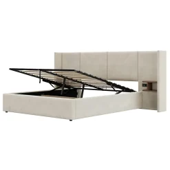 Redom Lit 160x200 cm en velours beige avec rangement hydraulique, 2 tables de chevet et prises USB Sale
