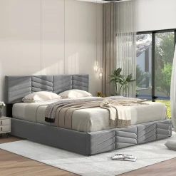 Redom Lit 140x190 cm en velours gris avec rangement hydraulique, tête de lit réglable et finition rayée élégante
