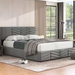 Redom Lit 140x190 cm en velours gris avec rangement hydraulique, tête de lit réglable et finition rayée élégante