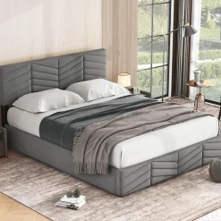 Redom Lit 140x190 cm en velours gris avec rangement hydraulique, tête de lit réglable et finition rayée élégante