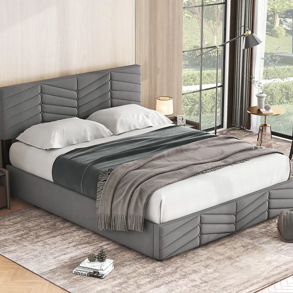 Redom Lit 140x190 cm en velours gris avec rangement hydraulique, tête de lit réglable et finition rayée élégante