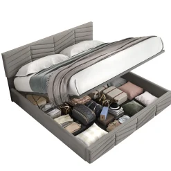 Redom Lit 140x190 cm en velours gris avec rangement hydraulique, tête de lit réglable et finition rayée élégante