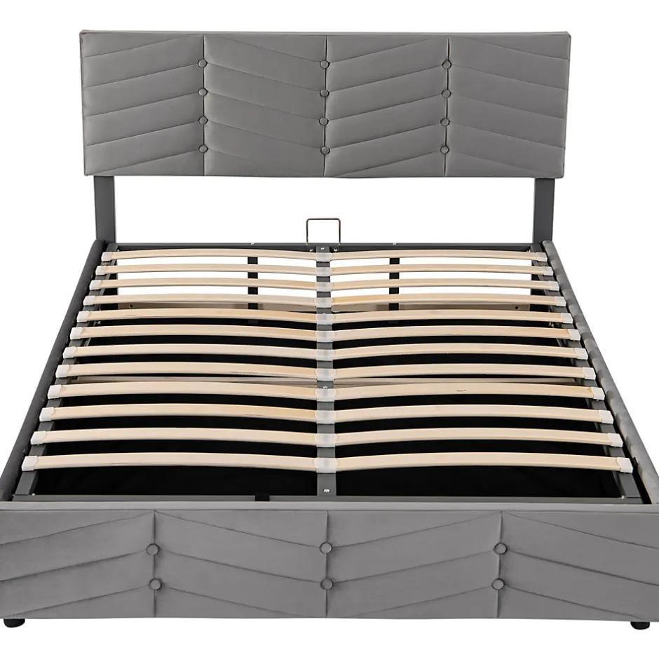 Redom Lit 140x190 cm en velours gris avec rangement hydraulique, tête de lit réglable et finition rayée élégante