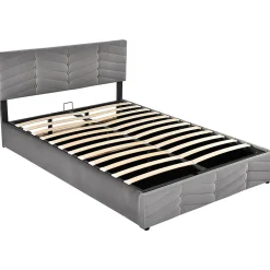 Redom Lit 140x190 cm en velours gris avec rangement hydraulique, tête de lit réglable et finition rayée élégante