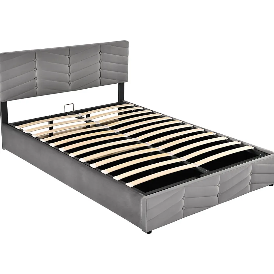 Redom Lit 140x190 cm en velours gris avec rangement hydraulique, tête de lit réglable et finition rayée élégante