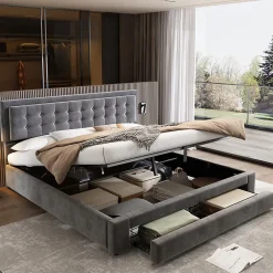 Redom Lit 180x200 cm en velours gris avec grand coffre de rangement et tête de lit réglable, style européen élégant