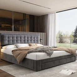 Redom Lit 180x200 cm en velours gris avec grand coffre de rangement et tête de lit réglable, style européen élégant