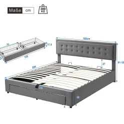 Redom Lit 180x200 cm en velours gris avec grand coffre de rangement et tête de lit réglable, style européen élégant