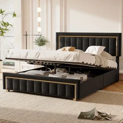 ProximaX Lit 140x200 cm en velours noir à rayures verticales avec bordure dorée, Design élégant et moderne pour chambre adulte ou ado