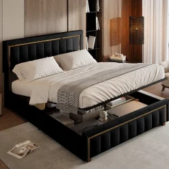 ProximaX Lit 140x200 cm en velours noir à rayures verticales avec bordure dorée, Design élégant et moderne pour chambre adulte ou ado