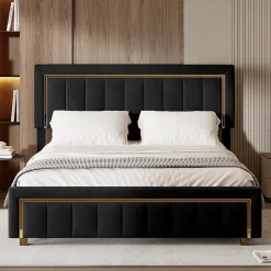 ProximaX Lit 140x200 cm en velours noir à rayures verticales avec bordure dorée, Design élégant et moderne pour chambre adulte ou ado