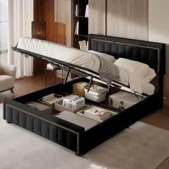 ProximaX Lit 140x200 cm en velours noir à rayures verticales avec bordure dorée, Design élégant et moderne pour chambre adulte ou ado