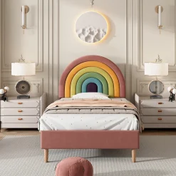 Redom Lit 90x200 cm en velours rose avec tête de lit réglable de 6 cm, sommier 12 lattes et pieds stables, moderne