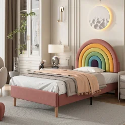 Redom Lit 90x200 cm en velours rose avec tête de lit réglable de 6 cm, sommier 12 lattes et pieds stables, moderne
